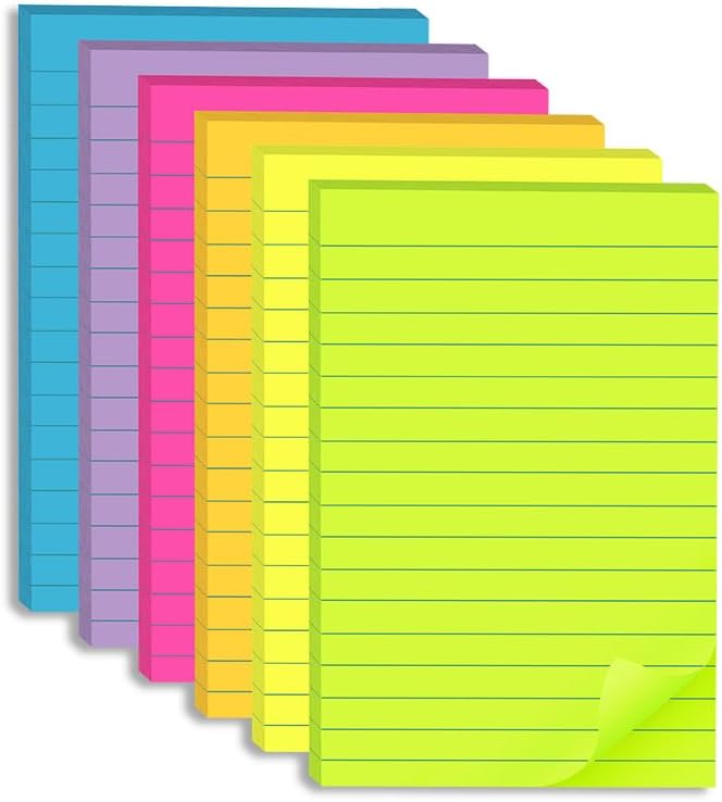 Kozerite (6 Pack) Lined Sticky Notes 4x6 in,Large Notepads with Lines,Ruled Stickies Super Sticking Power,Office School Memo Note Pads Bright Colors,Post on Windows Doors,Recyclable,Easy to Write on - Image 1